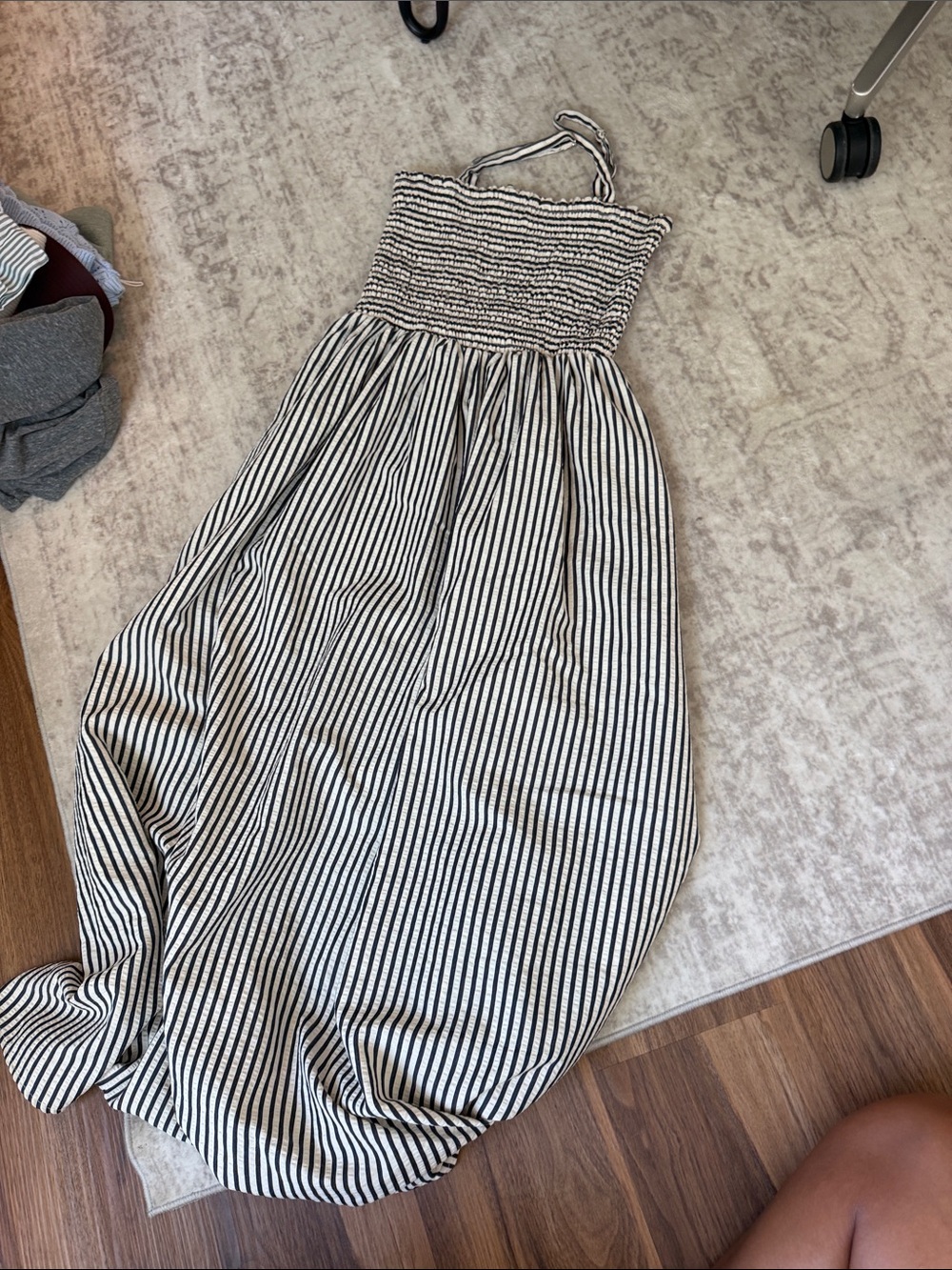 CeCe Black and White Striped Smocked Maxi Dress